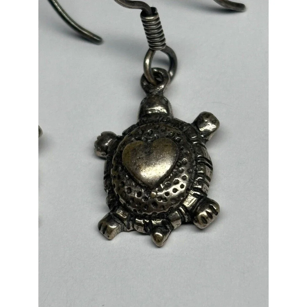 Vintage Sterling Silver 925 Earrings Turtle With Heart On Back Dangle Unique EFS